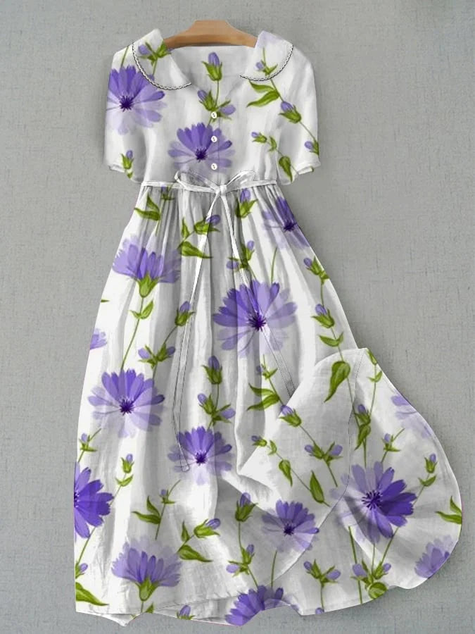 Vestido feminino vintage de verão com babados e detalhes florais, elegante e casual.