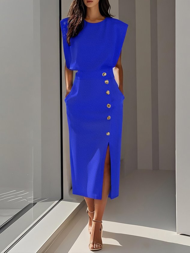 Roupa diária: vestido midi Aina feminino, decote redondo, fenda, casual e muito confortável.