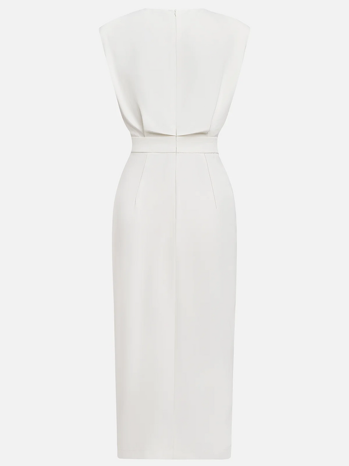 Estilo Aina: vestido midi feminino com decote redondo e fenda, ideal p/ o verão e conforto.
