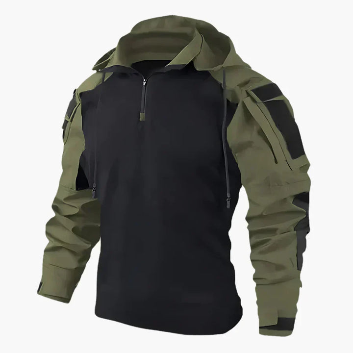Jaqueta tática masculina preta, resistente ao vento e à prova d'água, ideal para aventura e outdoor no inverno.