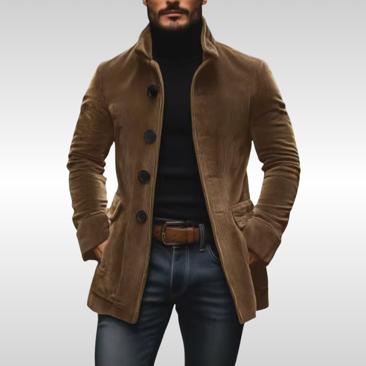 Jaqueta masculina veludo cotelê com corte confortável, ideal para moda inverno, estilo casual e toque vintage.