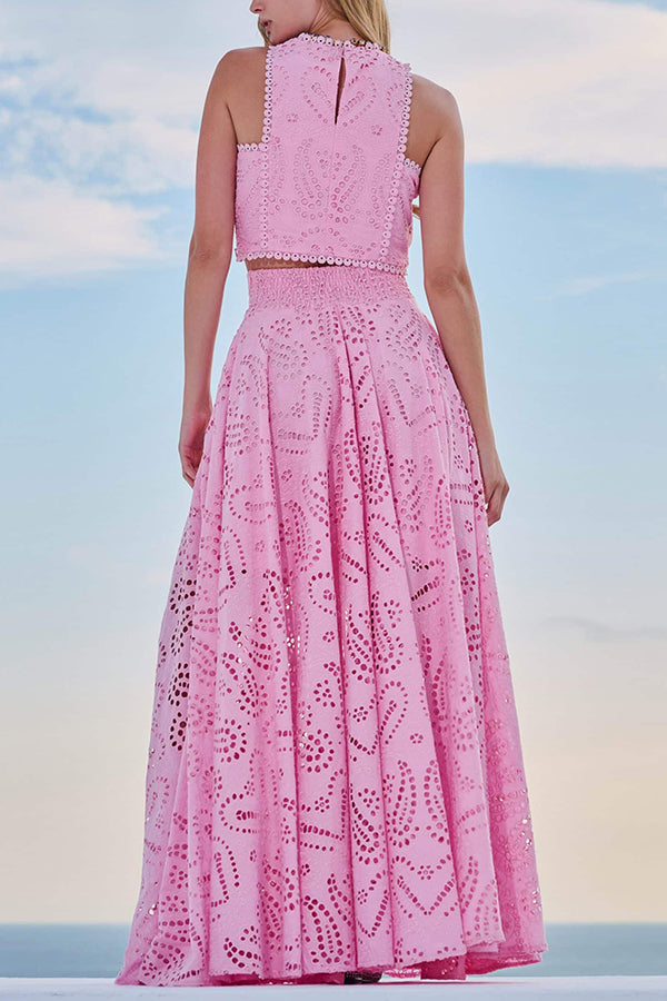 Saia midi feminina cintura alta e top cropped com bordado artesanal, conjunto moderno.