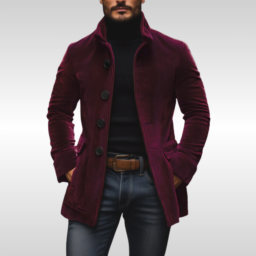 Jaqueta masculina de veludo cotelê, cor neutra, estilo vintage e elegante, ideal para looks casuais de inverno.
