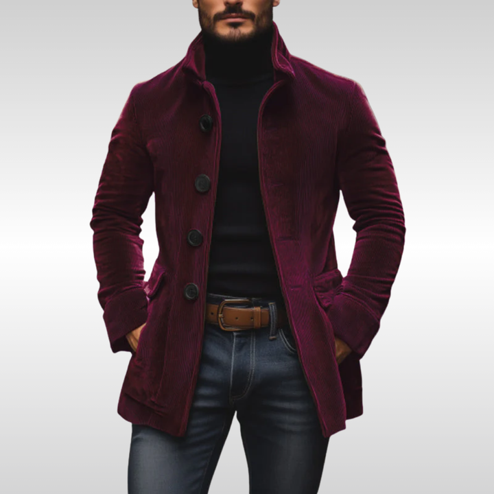 Jaqueta masculina de veludo cotelê, cor neutra, estilo vintage e elegante, ideal para looks casuais de inverno.