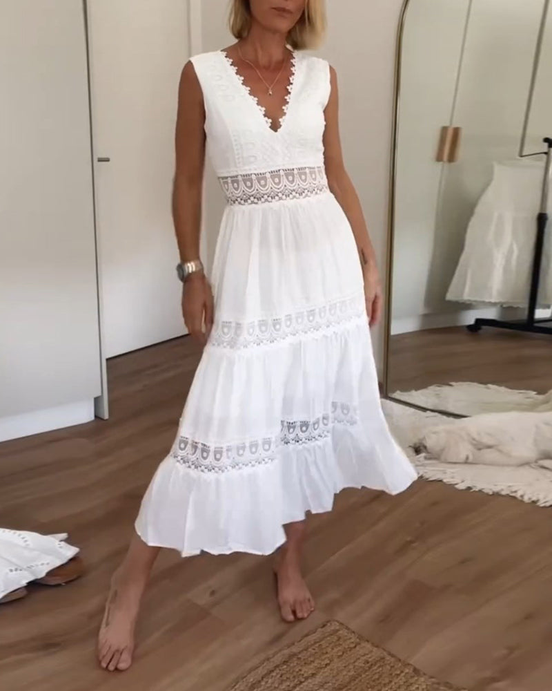 Vestido feminino elegante de verão com decote V, disponível em branco e preto. Perfeito para moda casual.