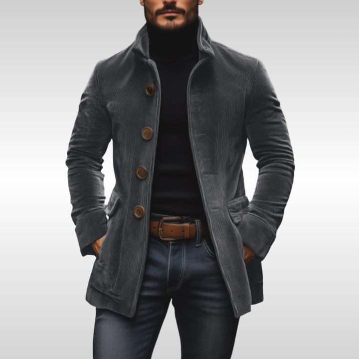 Casaco masculino de veludo cotelê marrom, estilo vintage, perfeito para outono/inverno e look casual elegante.
