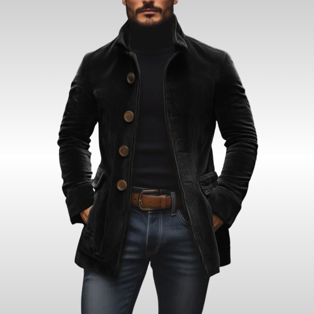 Casaco de veludo cotelê masculino marrom escuro, detalhe vintage, perfeito para moda outono/inverno e conforto.