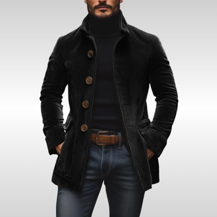 Casaco de veludo cotelê masculino marrom escuro, detalhe vintage, perfeito para moda outono/inverno e conforto.