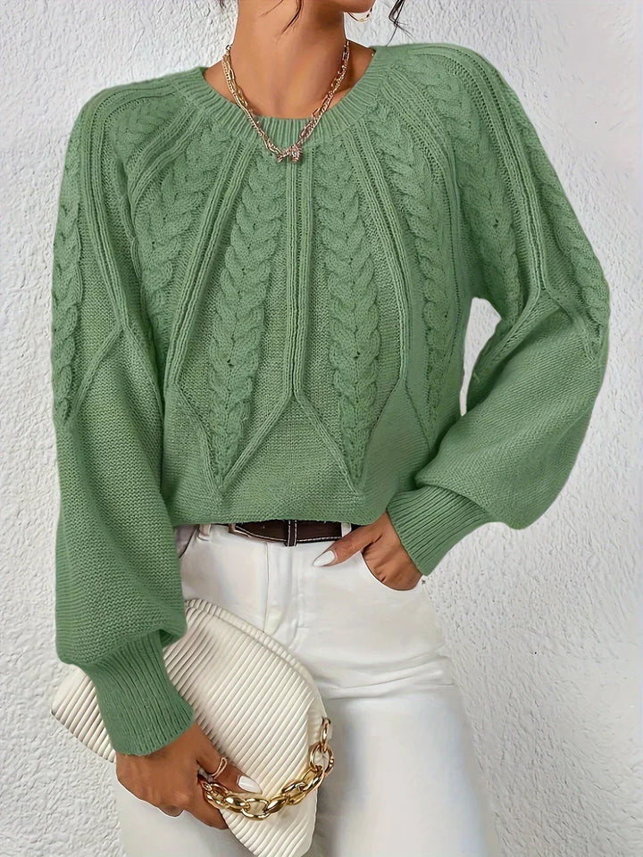 Suéter feminino de crochê elegante, manga longa. Perfeito para inverno, moda casual e conforto.