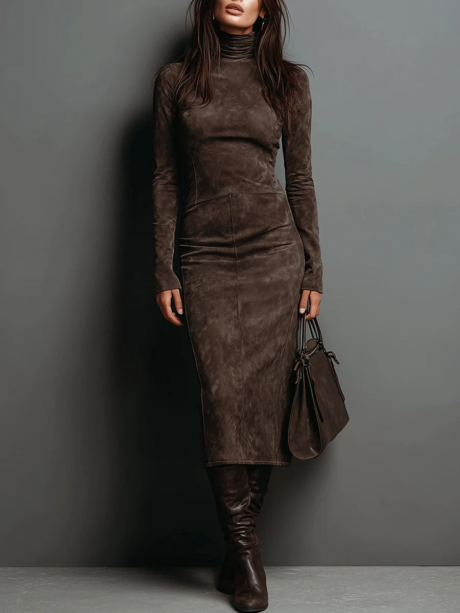 Vestido midi feminino elegante com gola alta e mangas longas, perfeito para outono/inverno.