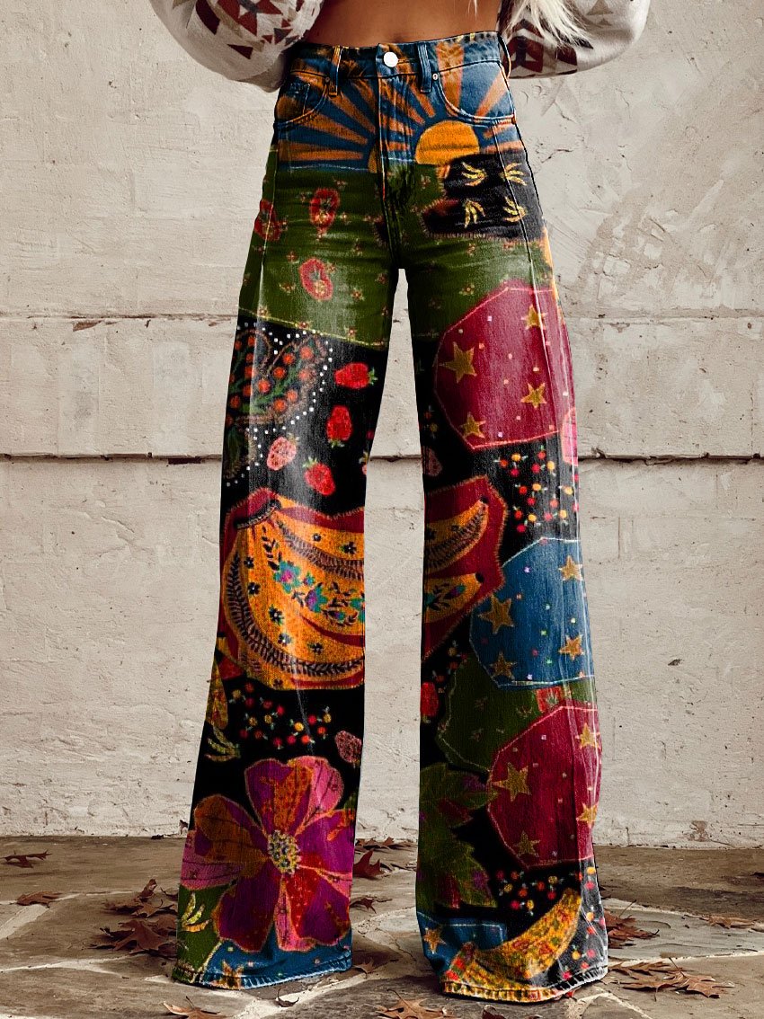 Calças femininas retrô boho estampadas, cintura alta e largas. Perfeitas para conforto e estilo casual de verão.