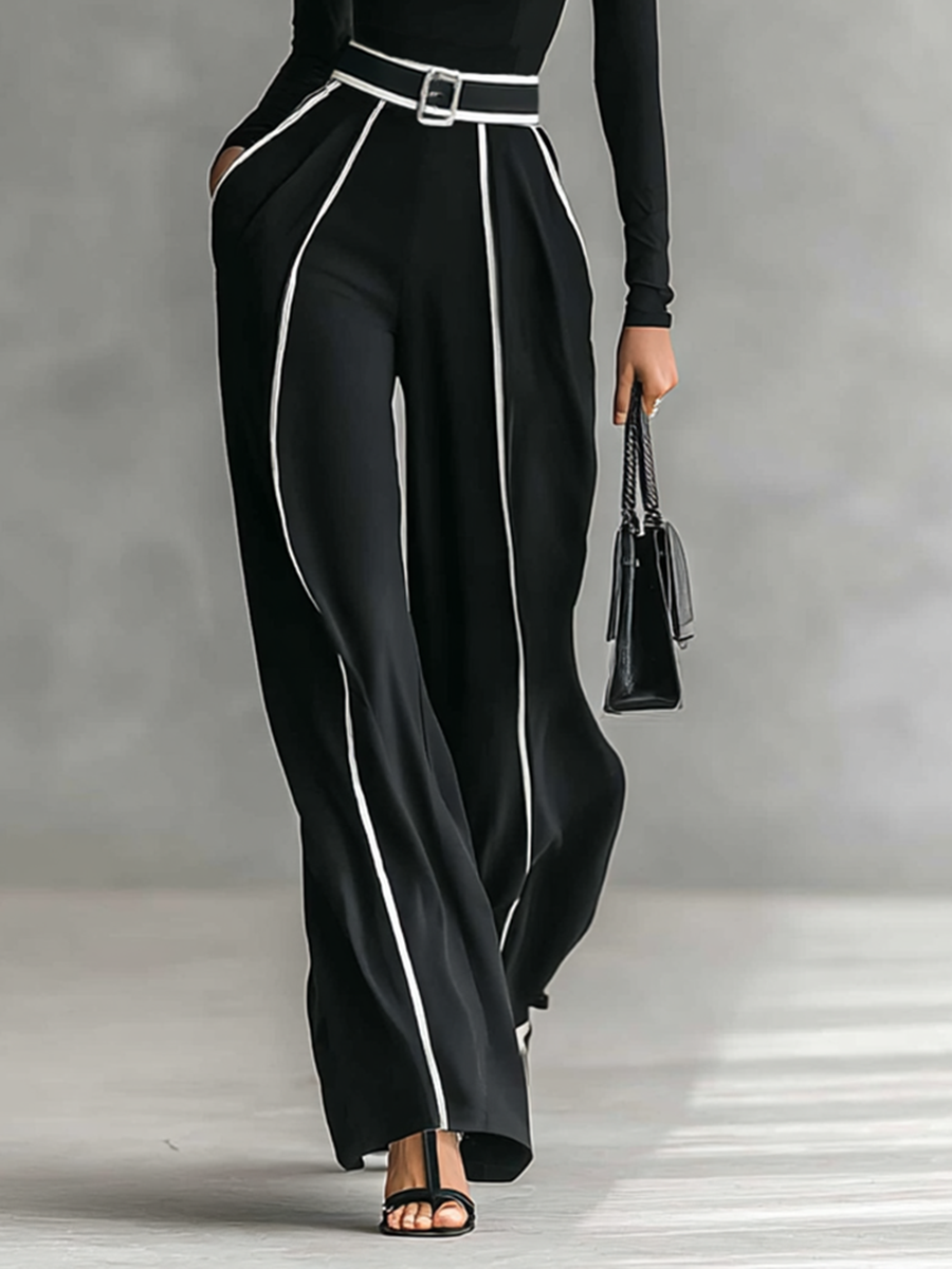 Conjunto elegante feminino com calça larga e gola alta. Estilo moderno e sofisticado para moda trabalho.