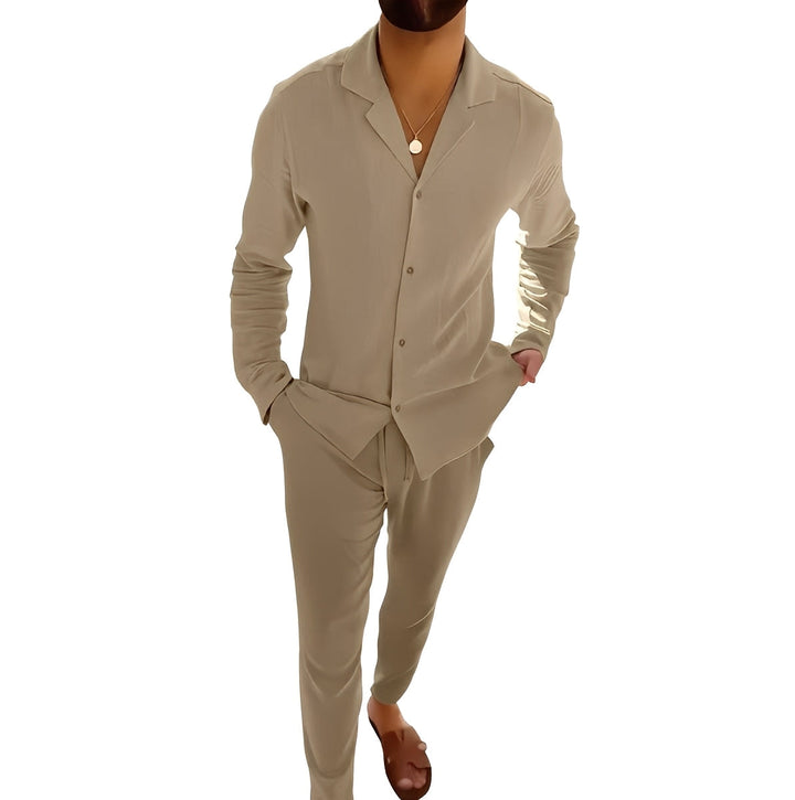 Conjunto masculino moda praia: camisa manga longa e calça leve, perfeito para férias e estilo casual de verão.