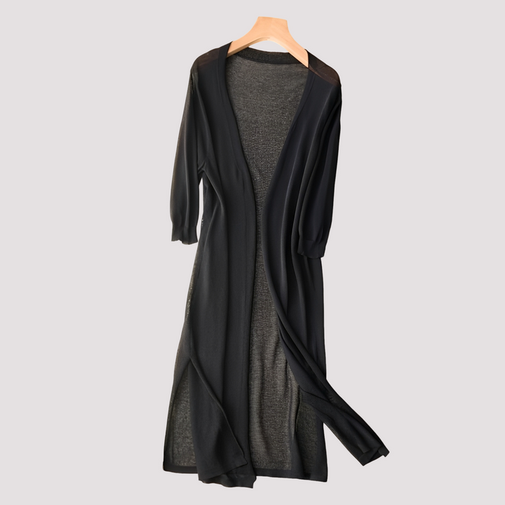 Cardigan feminino longo azul marinho, roupa casual e versátil para adicionar estilo e conforto.