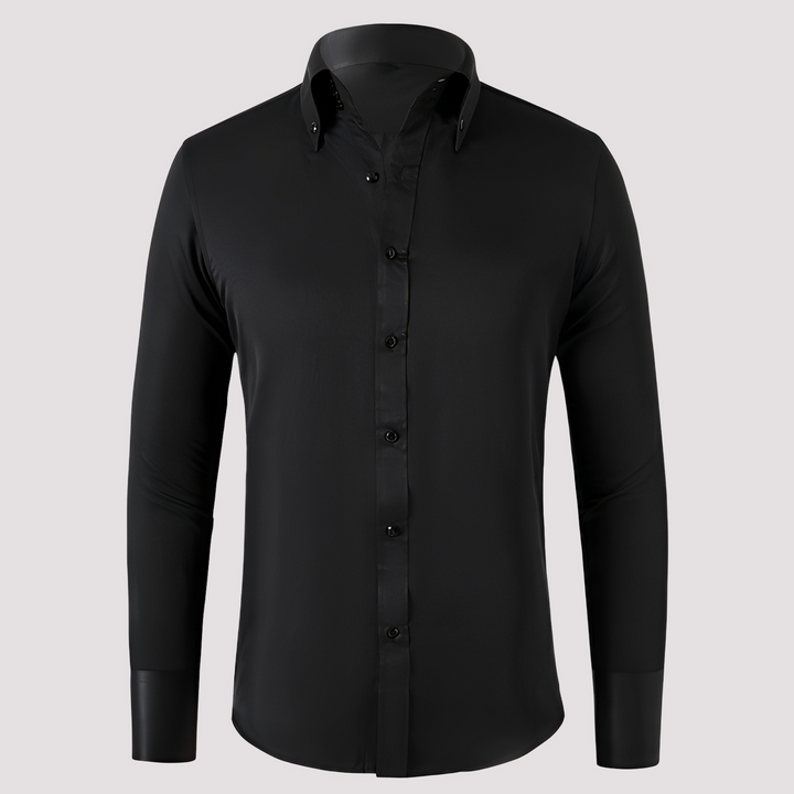 Camisa masculina casual com manga longa, ideal para moda de outono/primavera, visual elegante e confortável.
