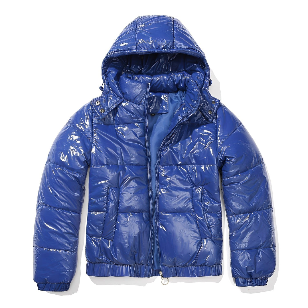 Jaqueta de inverno feminina brilhante e elegante, com capuz protetor. Casaco puffer acolchoado para o frio.