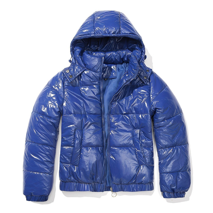 Jaqueta de inverno feminina brilhante e elegante, com capuz protetor. Casaco puffer acolchoado para o frio.