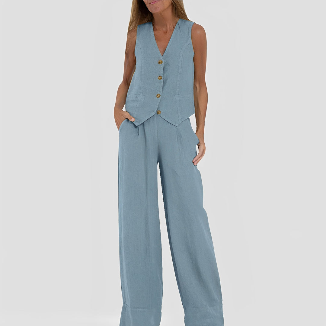 Conjunto de verão feminino sem mangas e calça larga, elegante e confortável. Ideal para moda praia.