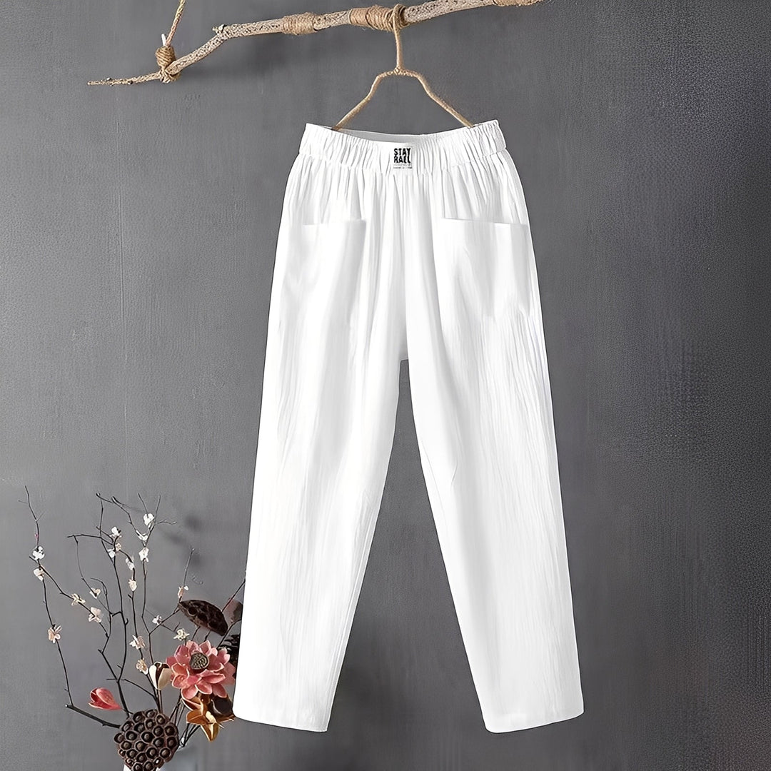 Calça feminina leve para primavera/verão, tecido macio e respirável. Conforto casual para mulher.