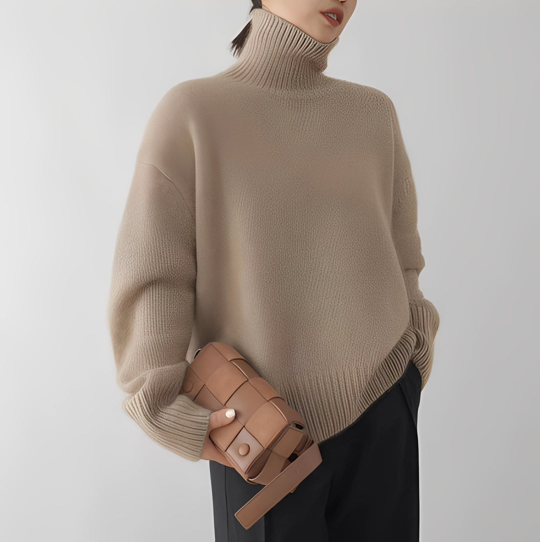 Camisola feminina de gola alta elegante, perfeita para moda inverno. Suéter clássico e confortável para vestuário chique.
