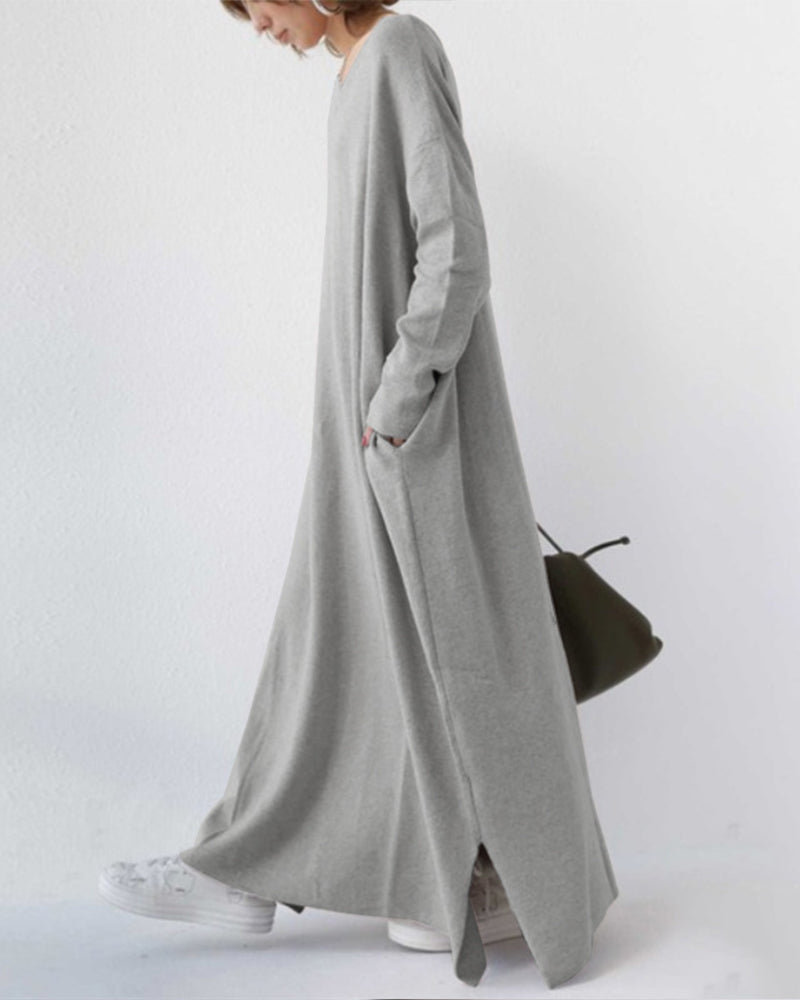 Vestido longo de inverno feminino, tecido macio e quente, mangas compridas, ideal para elegância e conforto.