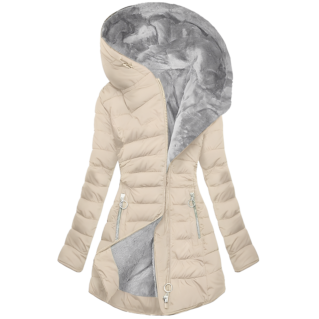 Jaqueta feminina de inverno com capuz. Tecido confortável e quente para dias frios. Moda feminina.