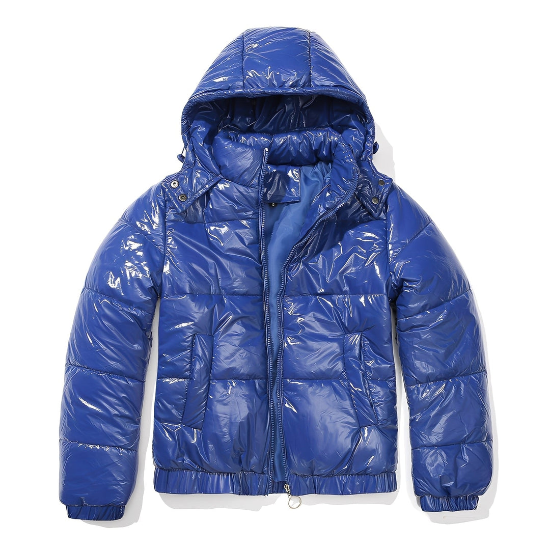 Elegante casaco feminino com capuz brilhante, para um look casual e confortável de inverno.