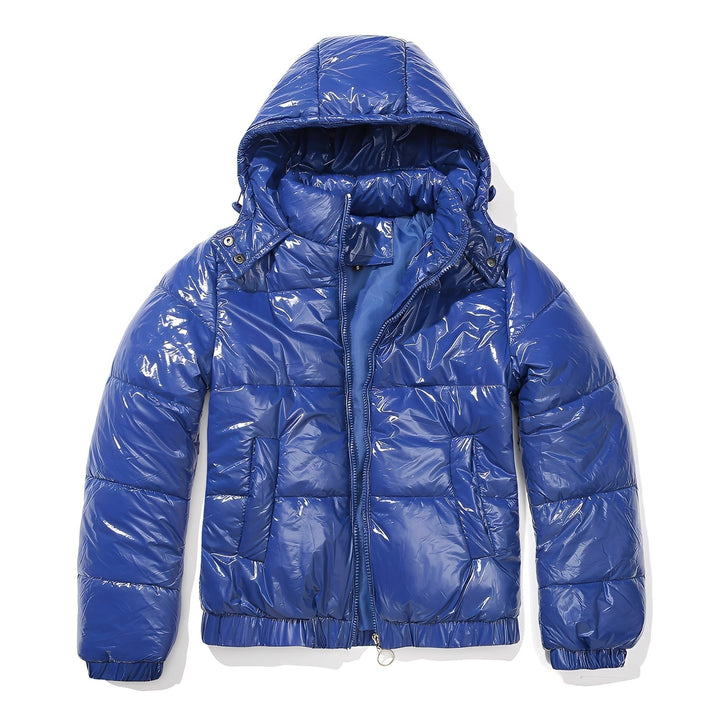 Elegante casaco feminino com capuz brilhante, para um look casual e confortável de inverno.