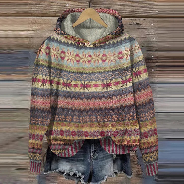 Casaco com capuz unissex de inverno estilo étnico retrô. Peça de moda confortável e elegante com estampa.