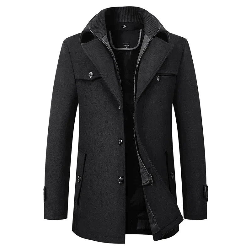 Casaco de inverno masculino elegante e impermeável, ideal para negócios e protegendo do frio com estilo casual.