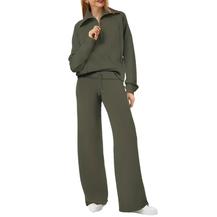 Conjunto feminino elegante: calça e suéter. Ideal para loungewear e moda casual de outono/inverno.