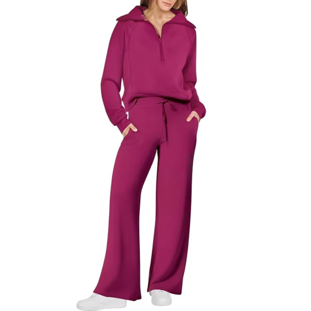 Conjunto feminino completo: calça e suéter. Conforto e elegância em uma única peça de roupa de inverno.