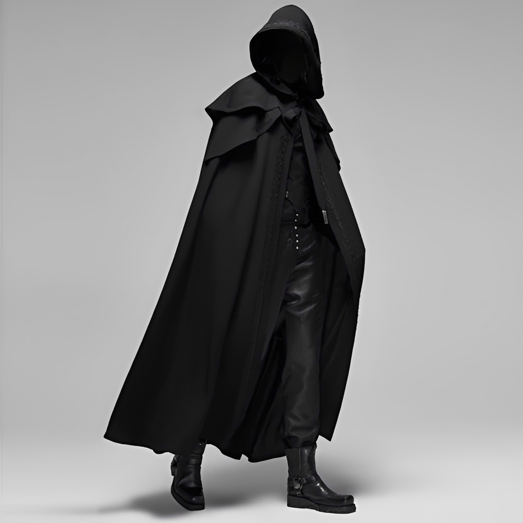 Casaco gótico feminino preto com capuz, estilo único e alternativo para inverno. Moda outwear statement para mulheres.
