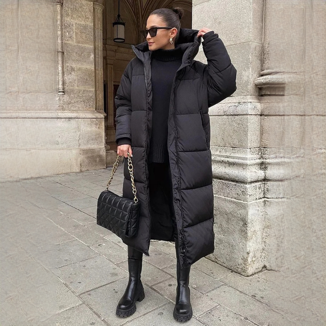 Casaco feminino longo acolchoado para inverno, elegante e quente, ideal contra o frio. Repelente a água.