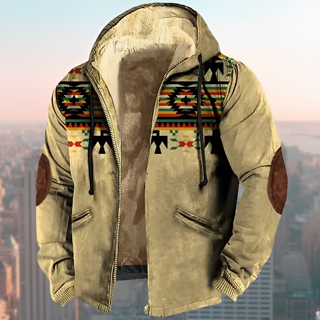 Jaqueta masculina vintage com capuz, estampa tribal e estilo aventureiro. Ideal para outono/inverno casual.
