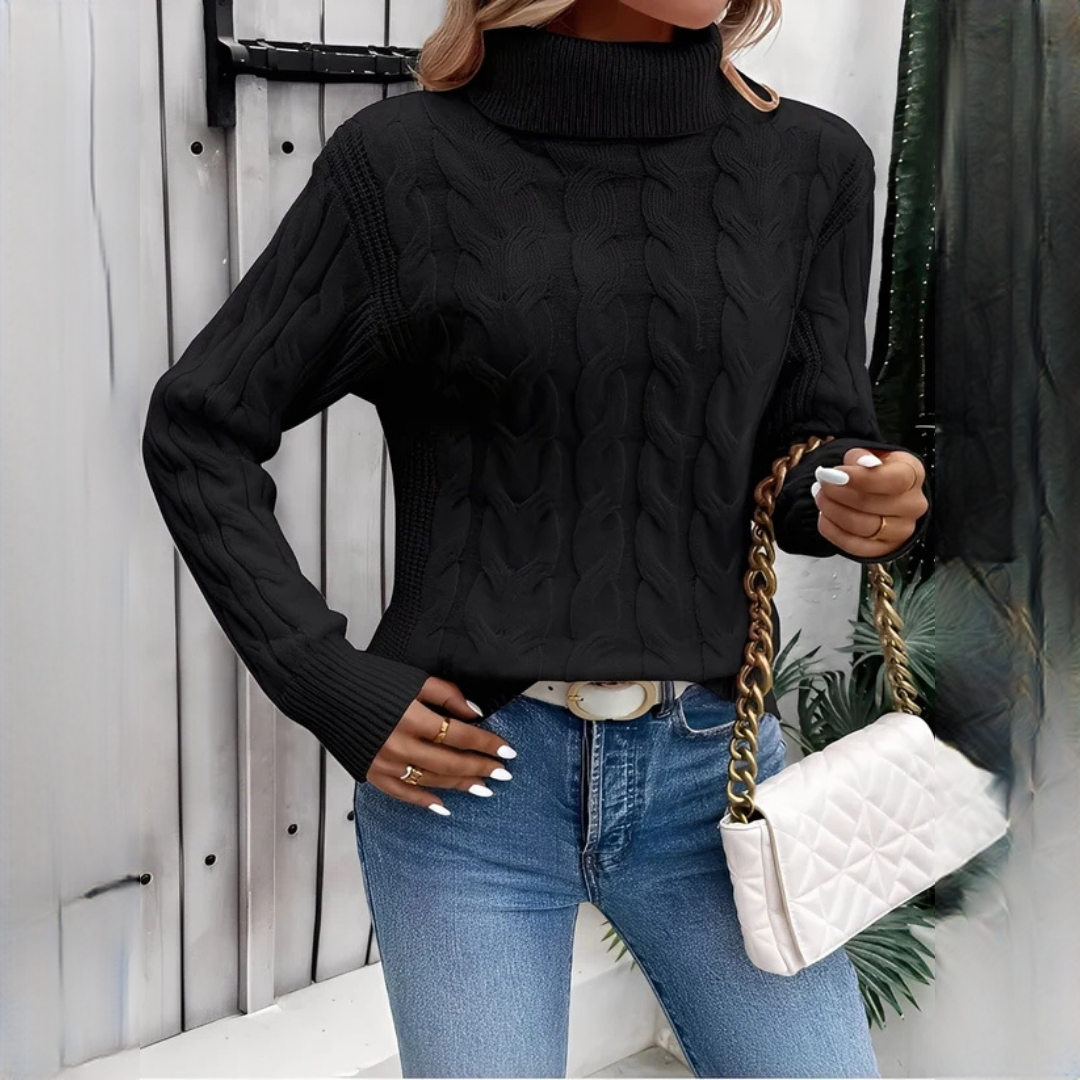 Suéter feminino gola alta confortável para o inverno, ideal para dias frios e look casual.