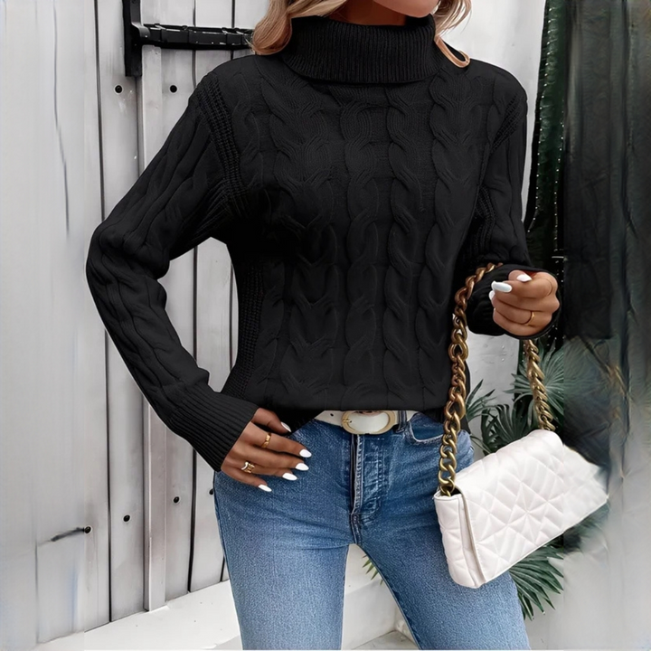 Suéter feminino gola alta confortável para o inverno, ideal para dias frios e look casual.