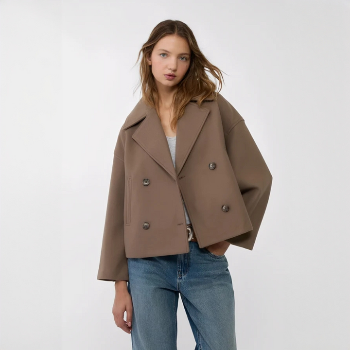 Casaco feminino curto, elegante e versátil. Estilo perfeito para o outono e inverno, combinando moda social e casual.