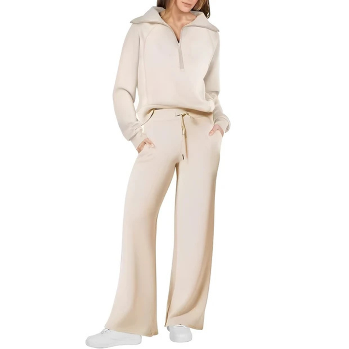 Conjunto feminino de calça e suéter, confortável e elegante. Perfeito para loungewear casual de inverno.