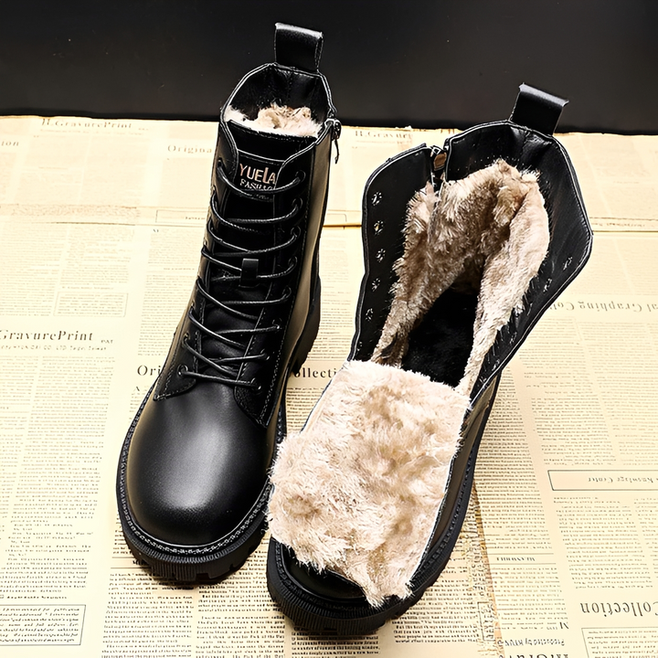 Botas femininas de inverno pretas, confortáveis e estilosas, com sola antiderrapante para o frio.
