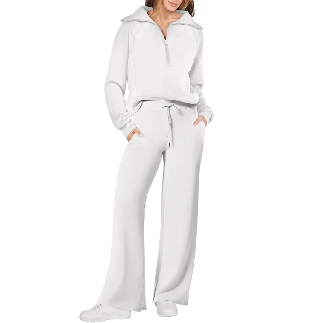 Conjunto coordenado feminino: calça de moletom e suéter. Conforto e estilo para moda casual e roupa de casa.