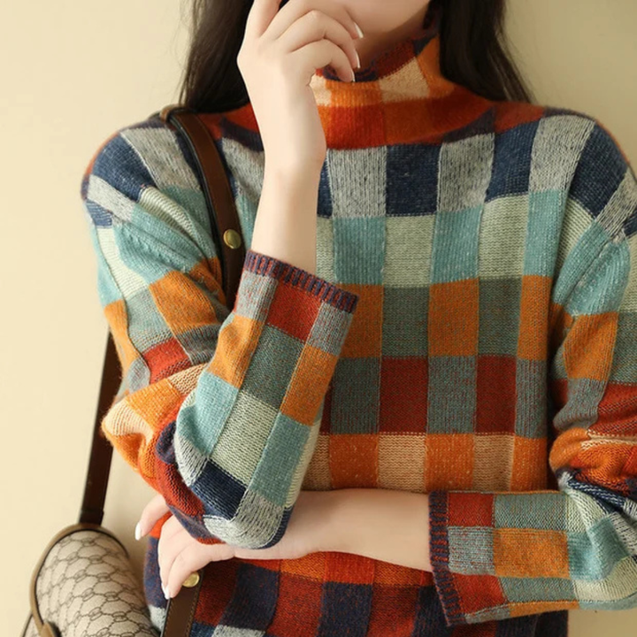 Roupa feminina: suéter aconchegante de inverno laranja com gola alta, ideal para lazer e casual chic.