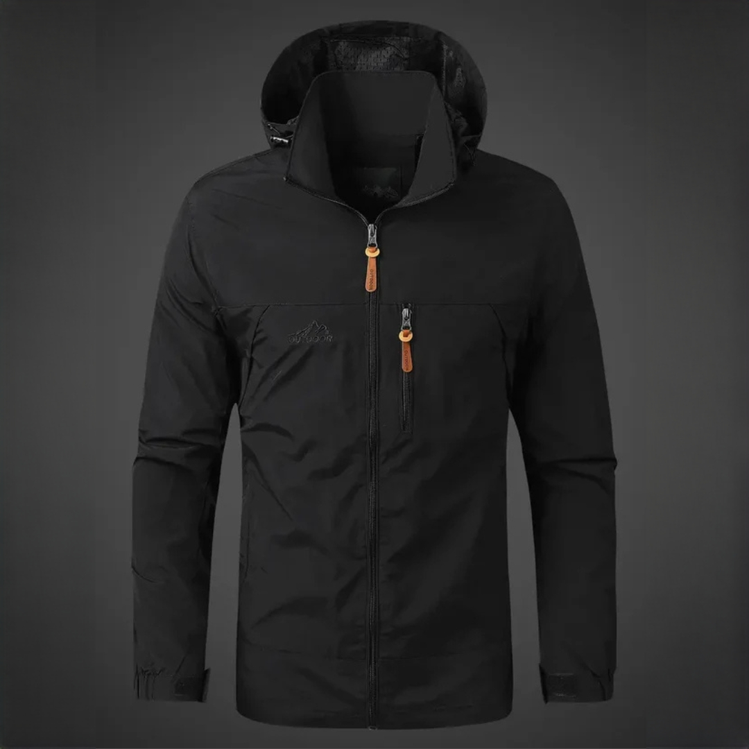Jaqueta masculina impermeável para viagem. Roupa exterior corta-vento preta ou caqui, perfeita para outono e proteção chuva.