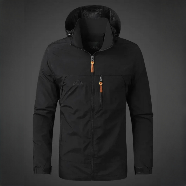 Jaqueta masculina impermeável para viagem. Roupa exterior corta-vento preta ou caqui, perfeita para outono e proteção chuva.