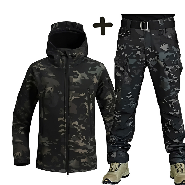 Conjunto masculino durável para inverno intenso: jaqueta e calça de neve, perfeito para esqui e esportes de aventura.
