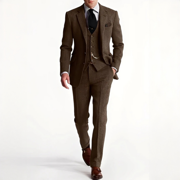 Conjunto de terno social masculino para casamento, com 3 peças e estilo formal clássico. Elegância para o noivo.