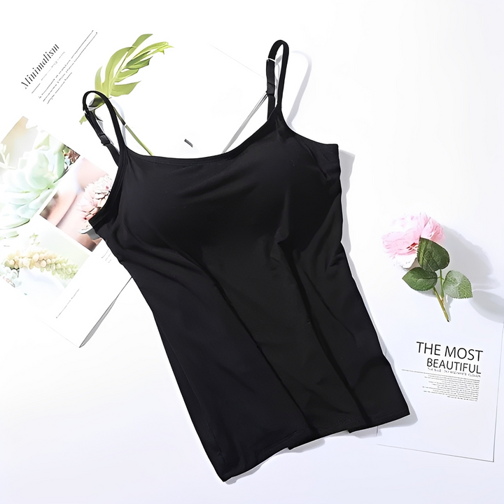 Top feminino preto, peça essencial de moda com sutiã integrado. Sem costura e muito confortável.