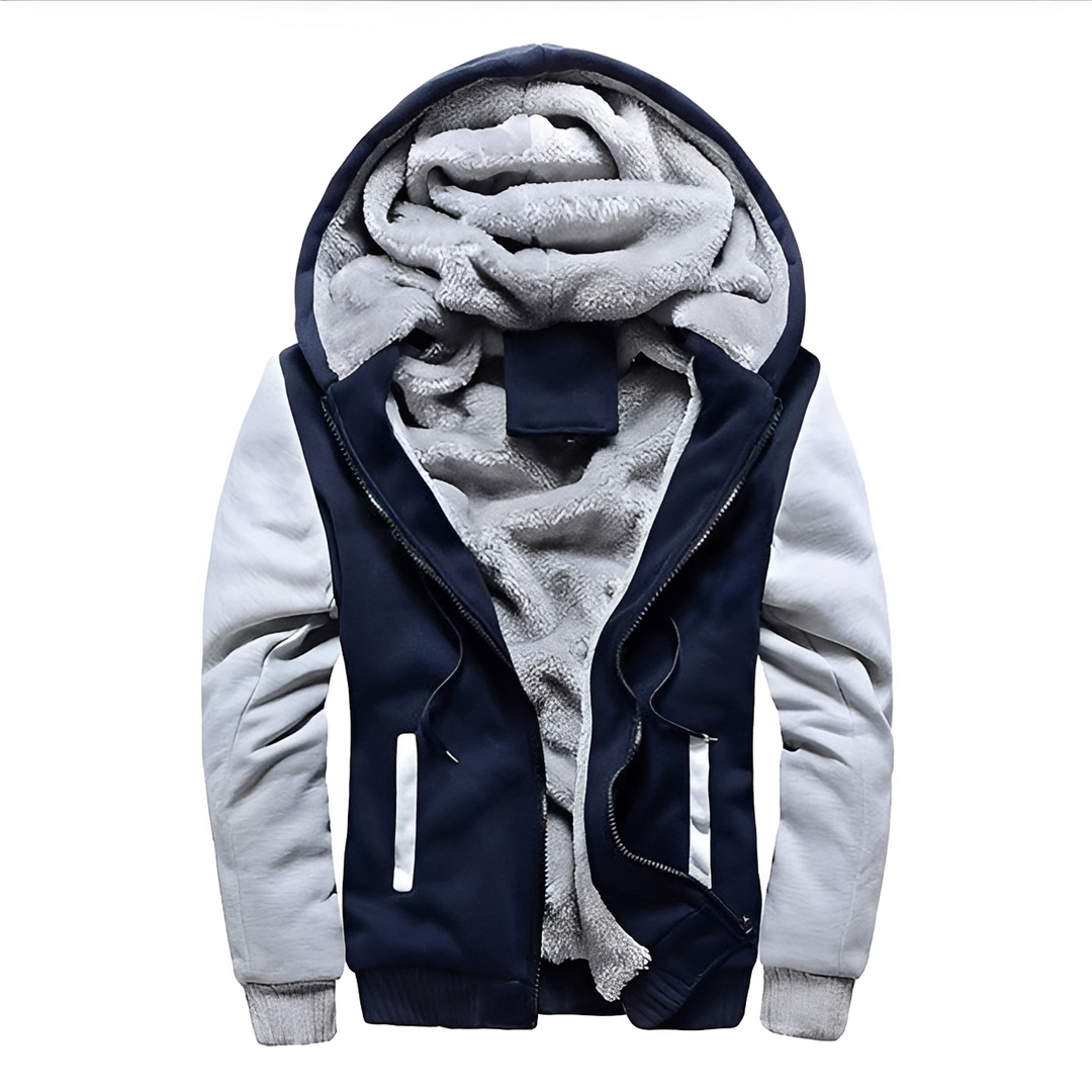 Casaco Masculino Istvan com capuz, perfeito para o inverno rigoroso, oferecendo aquecimento e moda masculina.