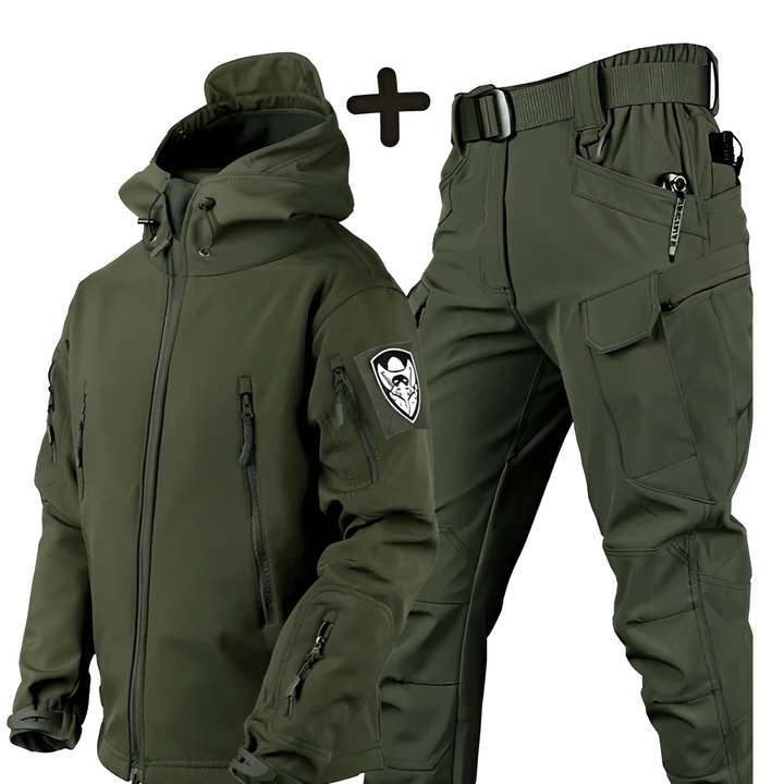 Conjunto masculino de inverno para esqui e neve: jaqueta e calça impermeáveis, ideal para esportes de inverno e aventura.