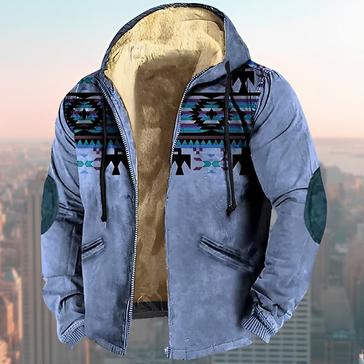 Vestuário casual masculino: jaqueta com capuz, design tribal e toque vintage. Conforto para outono/inverno.